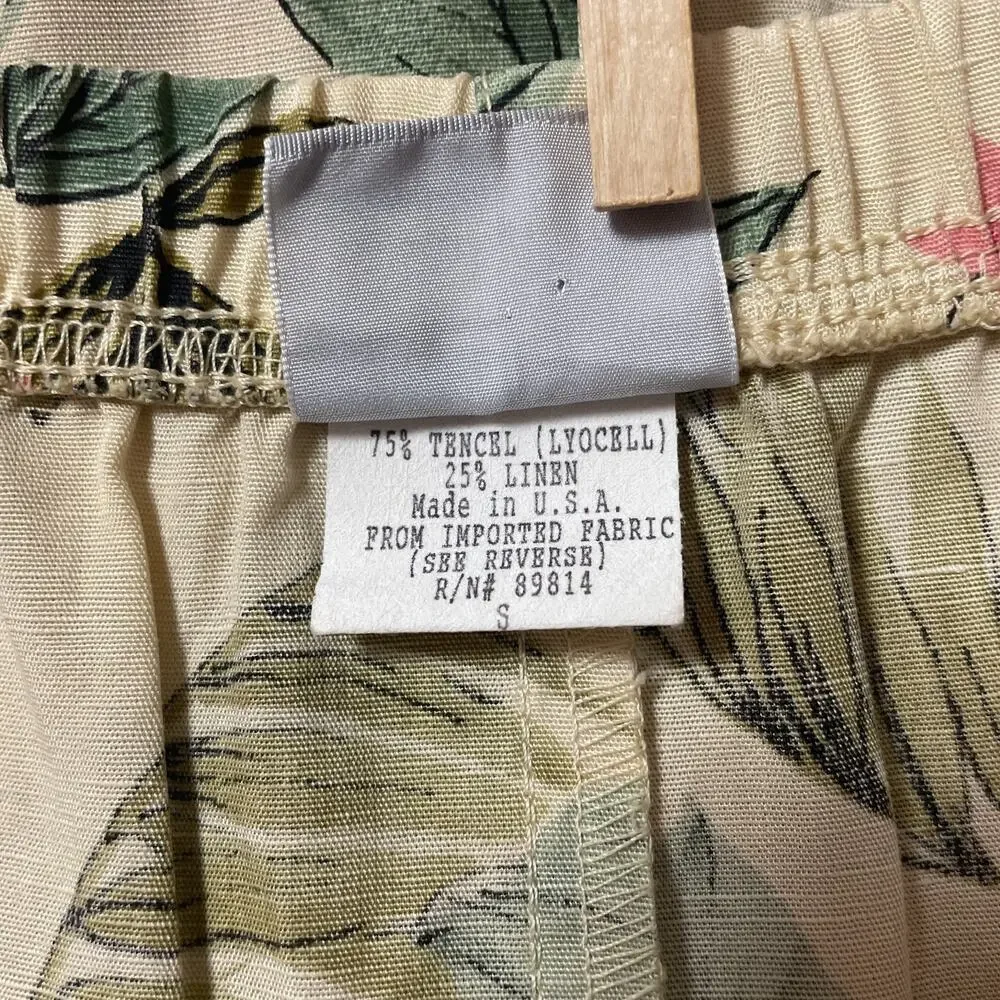 Vintage Midi Skirt Size Small Cream Yellow Floral Print Tropical Boho Linen 90s